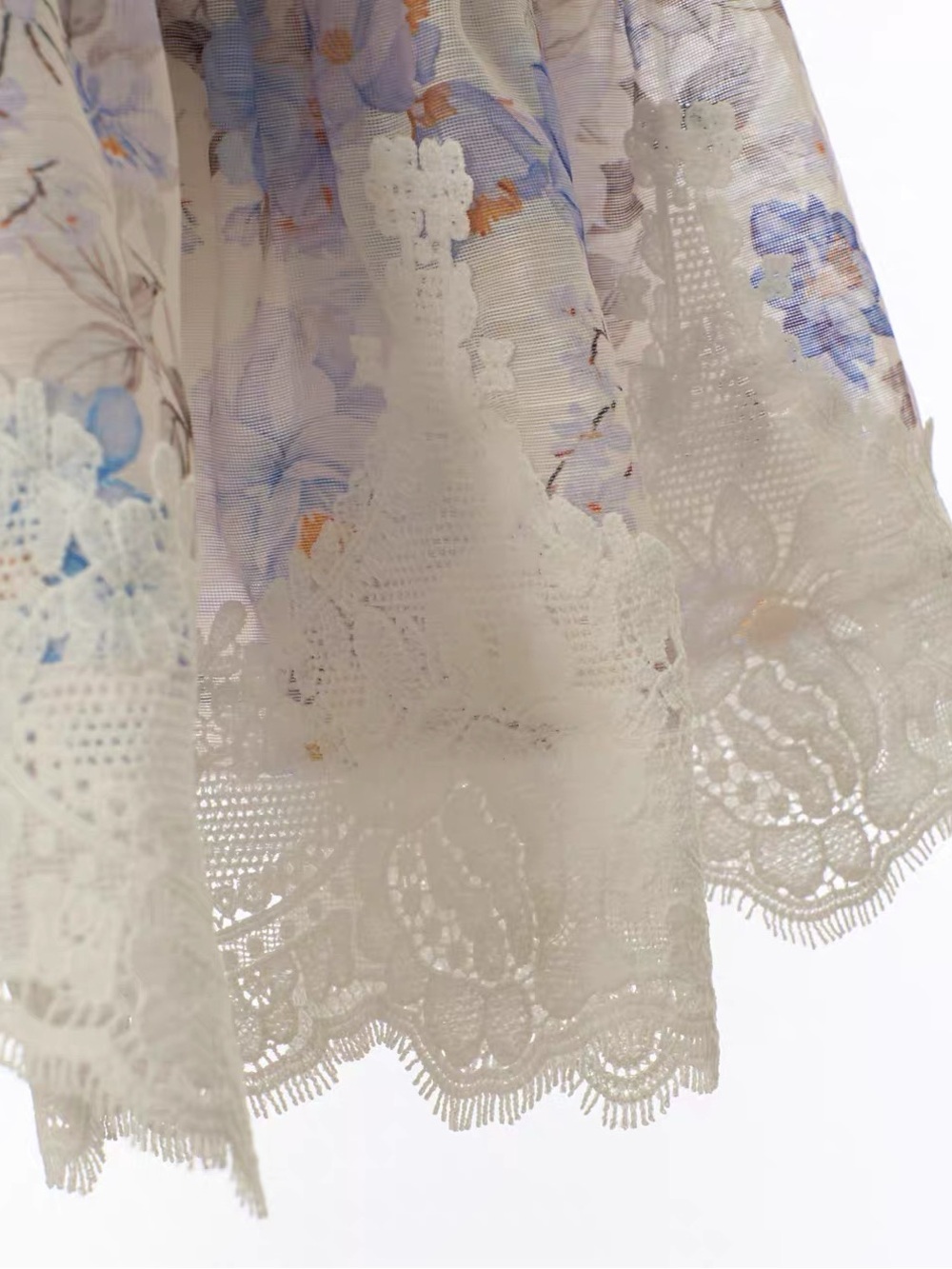 Designer-style Sleeveless Floral Ruffle Mini Dress in Ivory and Light Blue - Picture 10 of 12